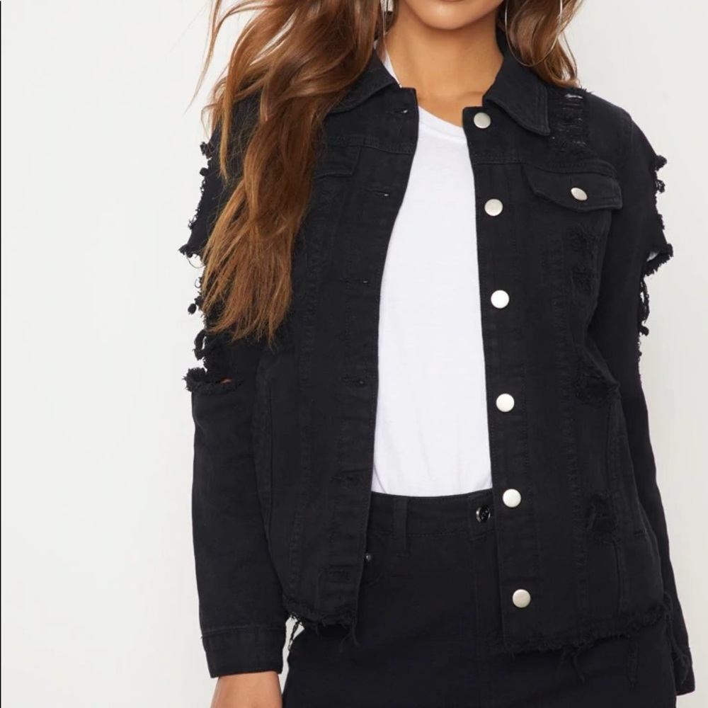 Abegaila Black Distress Oversize Denim Jacket- PrettyLittleThing- Size L- NWT!